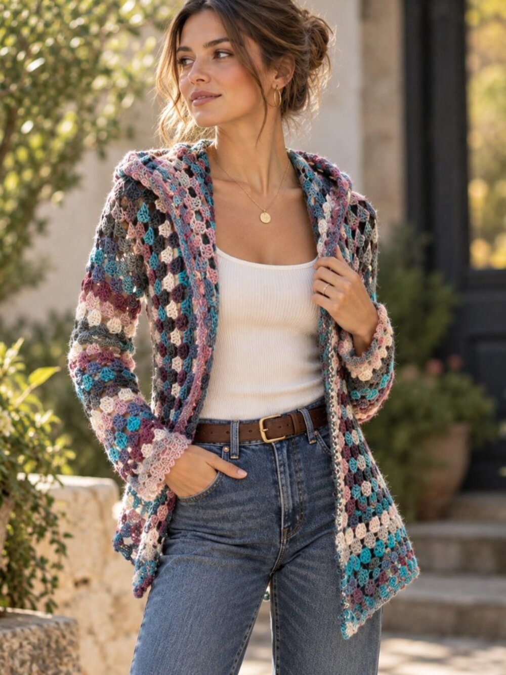 Handmade Crochet Hooded Cardigan Granny Square Bell Sleeve Multicolor